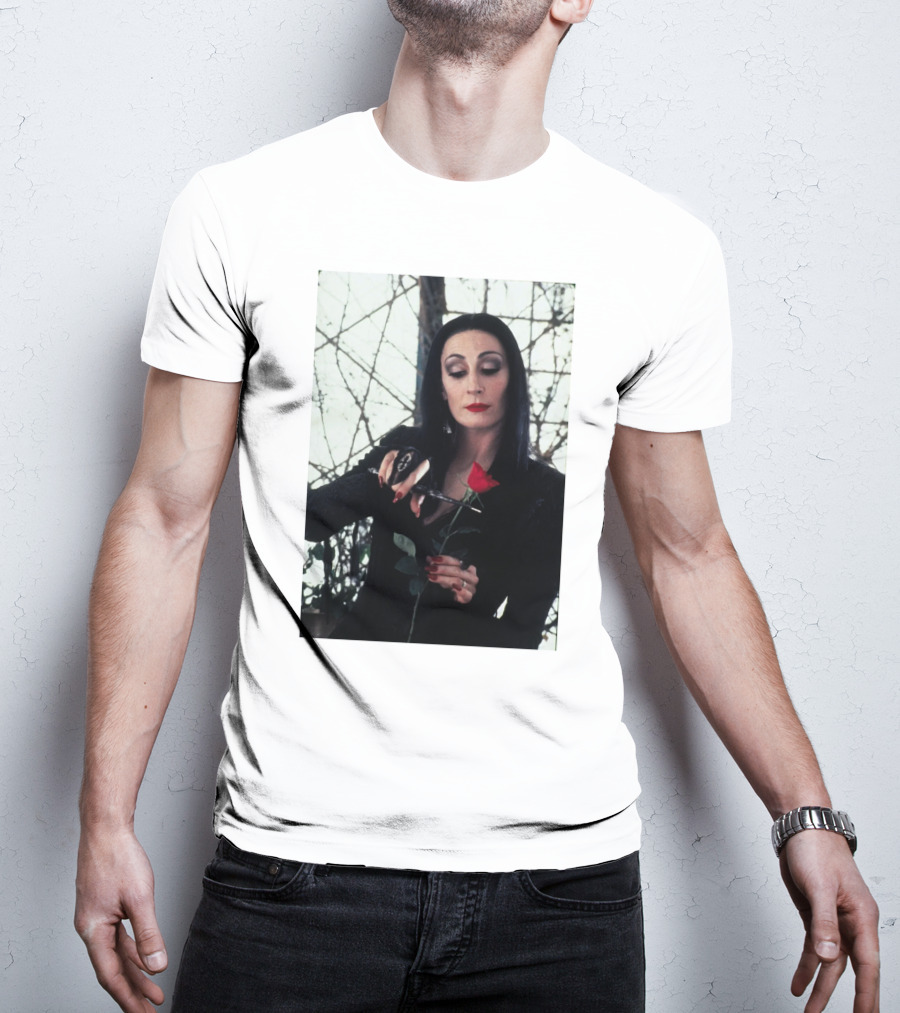 Morticia Addams Anjelica Huston Cutting Rose Scene T-Shirt