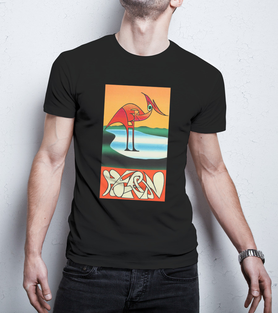 Heron Preston Abstract Bold Graphic Stork Art Orange Teal Lake T-Shirt