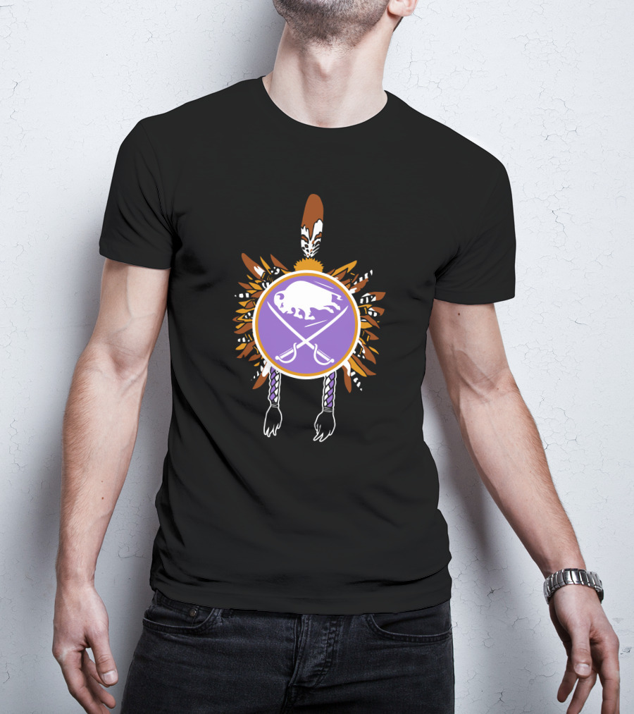 Buffalo Sabres Native American Feathered Symbol With Purple Circle And Crossing Sticks T-Shirt