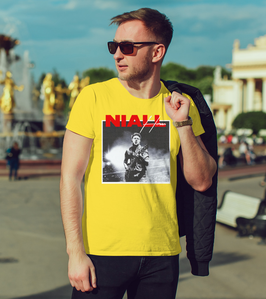 Niall Horan Live Performance Black And White Stage Photo With Red Name Highlight T-Shirt