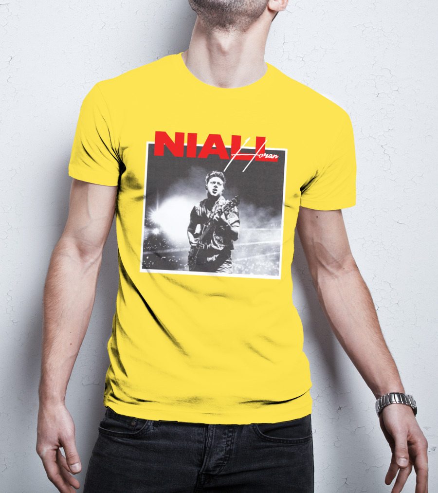 Niall Horan Live Performance Black And White Stage Photo With Red Name Highlight T-Shirt