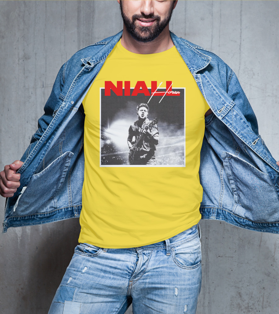 Niall Horan Live Performance Black And White Stage Photo With Red Name Highlight T-Shirt