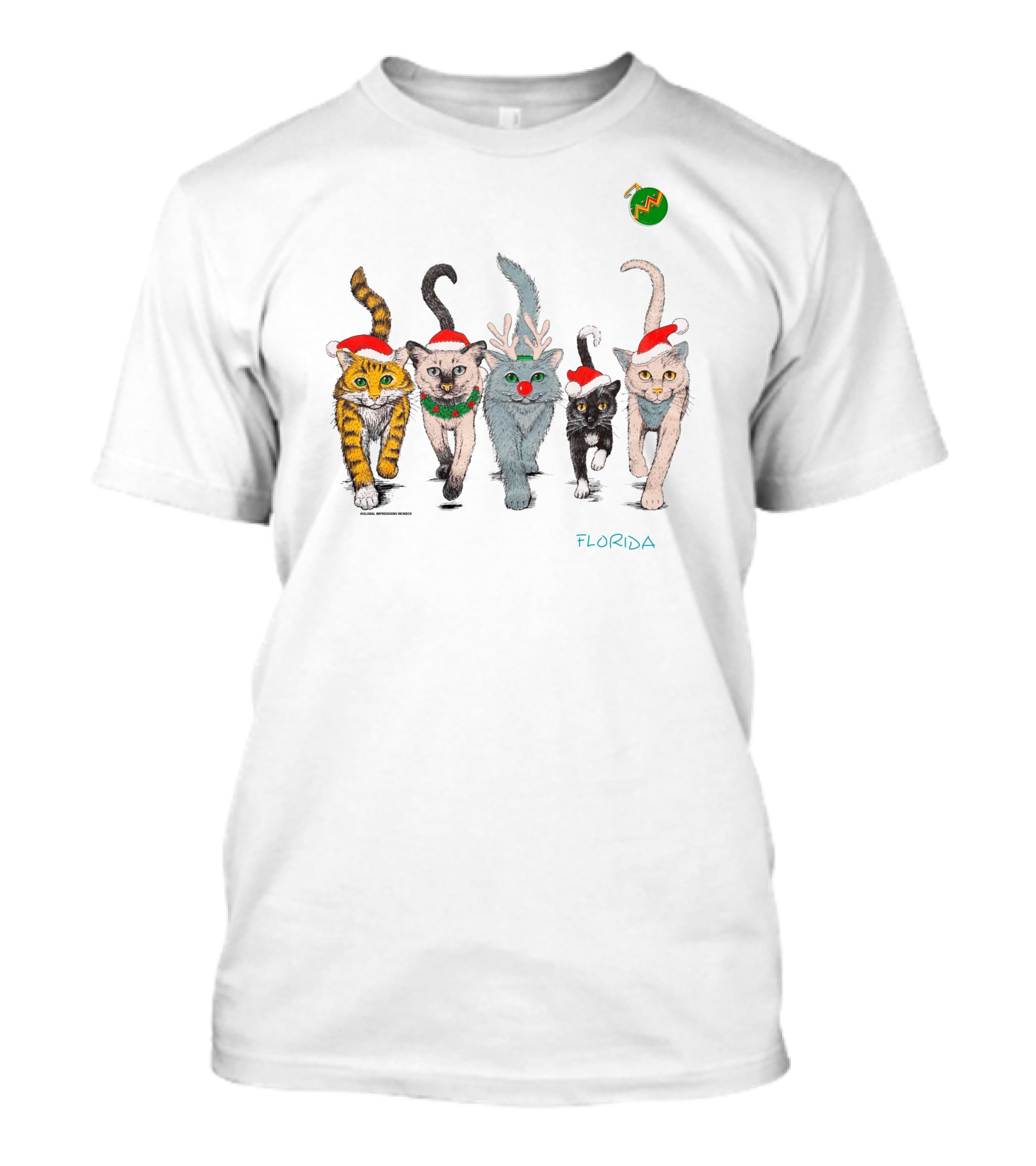 Vintage 90S Florida Christmas Cats Santa Hat Reindeer Antlers T-Shirt