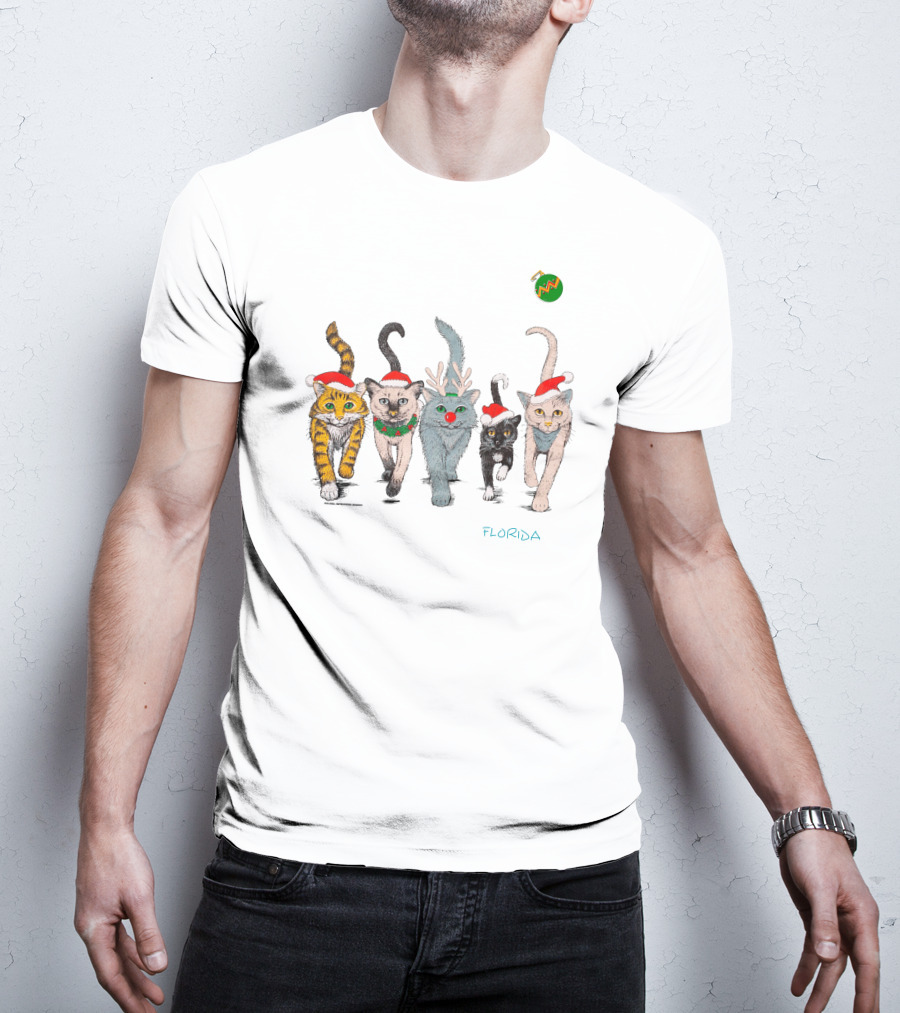 Vintage 90S Florida Christmas Cats Santa Hat Reindeer Antlers T-Shirt