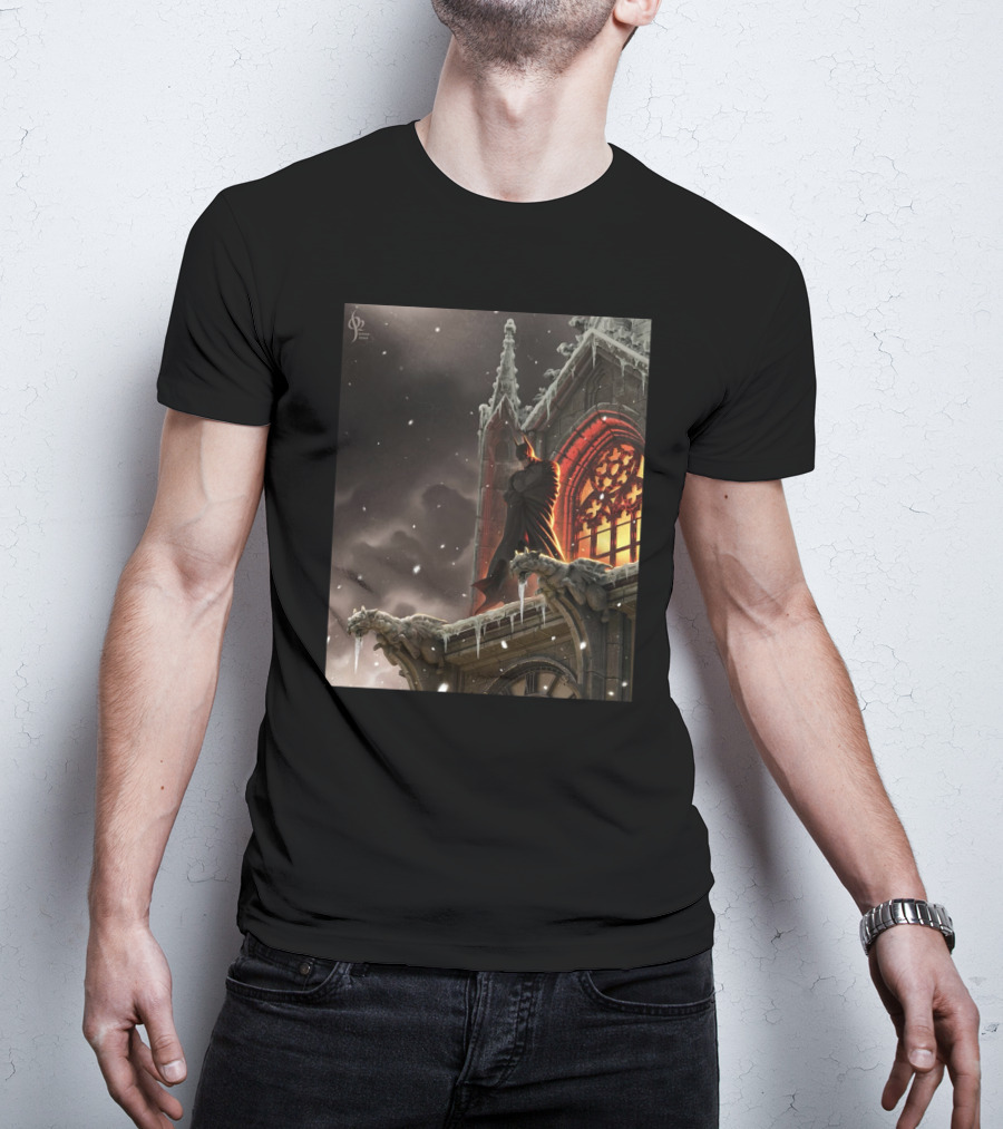 A Knight In The Frost Gothic Cathedral Snowfall Scene T-Shirt