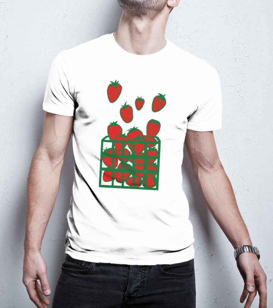 Strawberry Basket With Falling Strawberries Screen Print T-Shirt