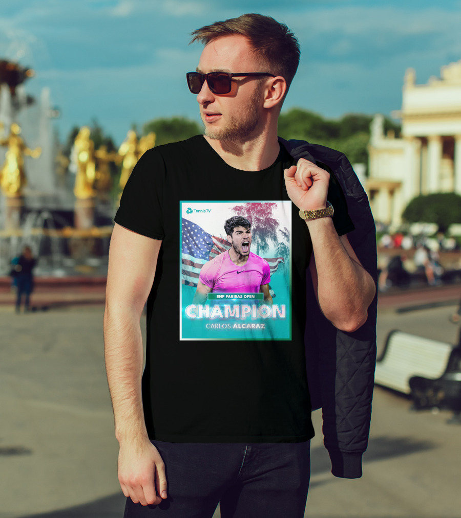TennisTV BNP Paribas Open Champion Carlos Alcaraz American Flag Background T-Shirt