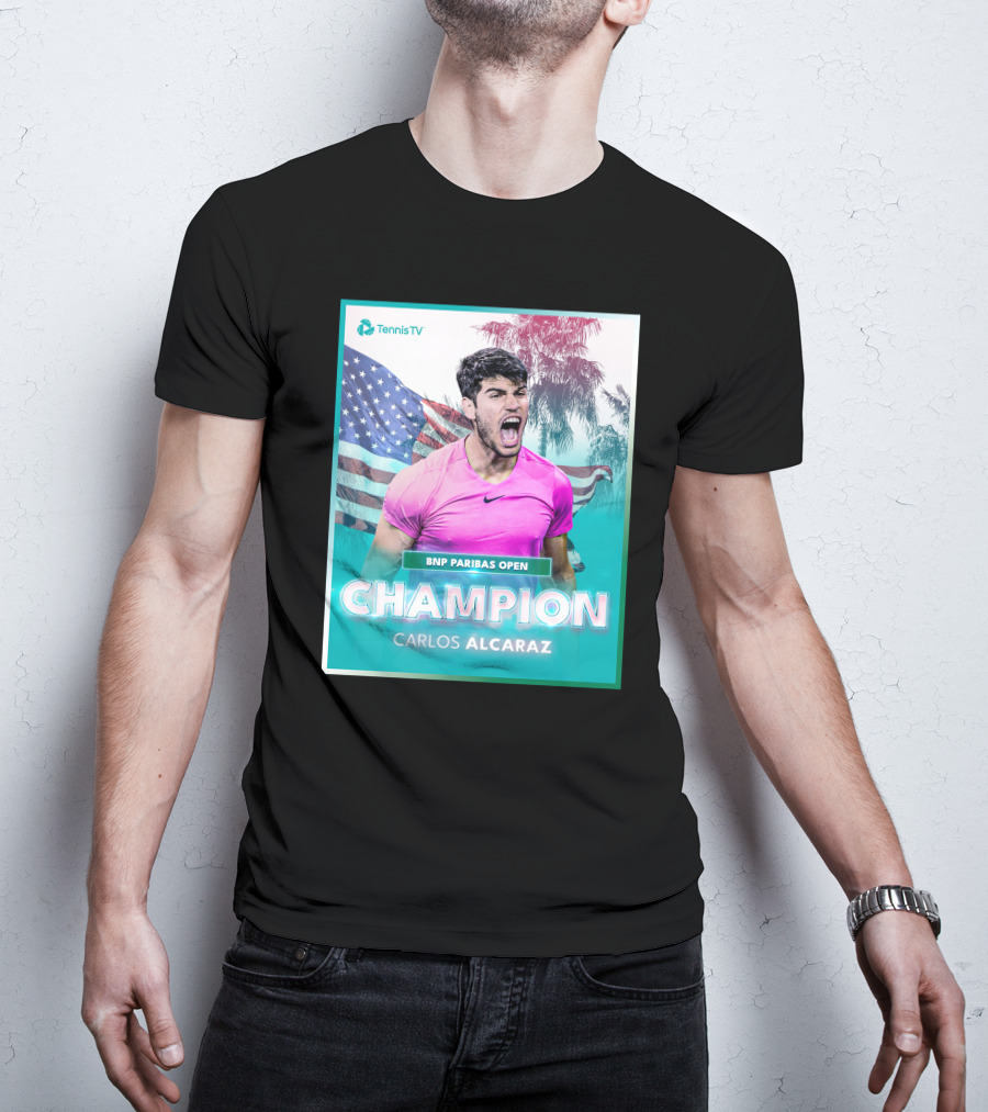 TennisTV BNP Paribas Open Champion Carlos Alcaraz American Flag Background T-Shirt