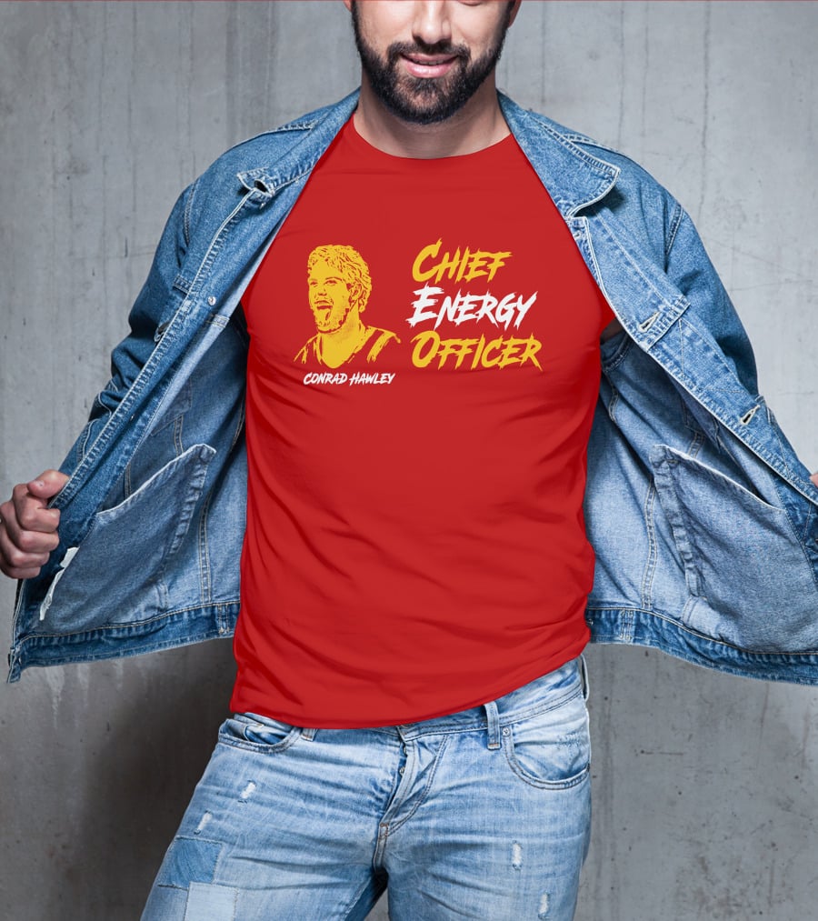 Conrad Hawley Chief Energy Officer Enthusiastic Portrait In Bold Yellow And White Text T-Shirt
