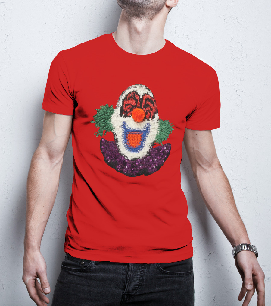 Sequin-Embellished Intarsia Wool Clown Face With Green Hair And Purple Collar T-Shirt
