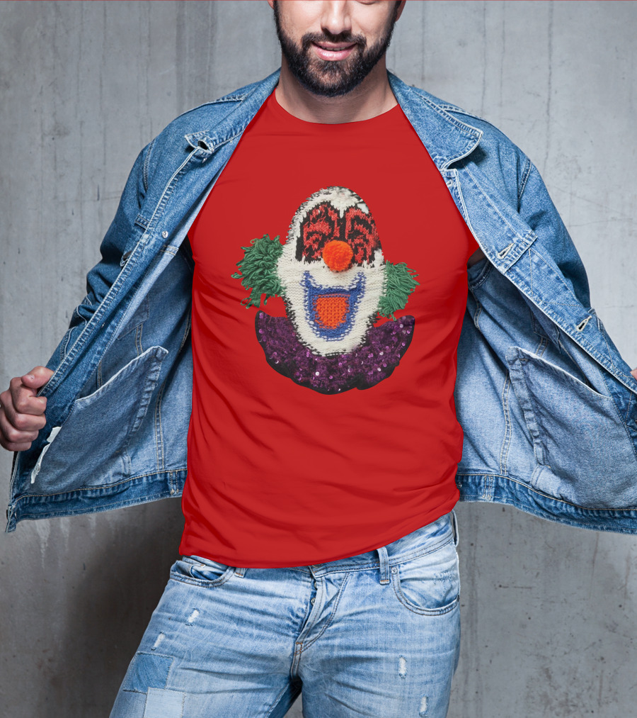Sequin-Embellished Intarsia Wool Clown Face With Green Hair And Purple Collar T-Shirt