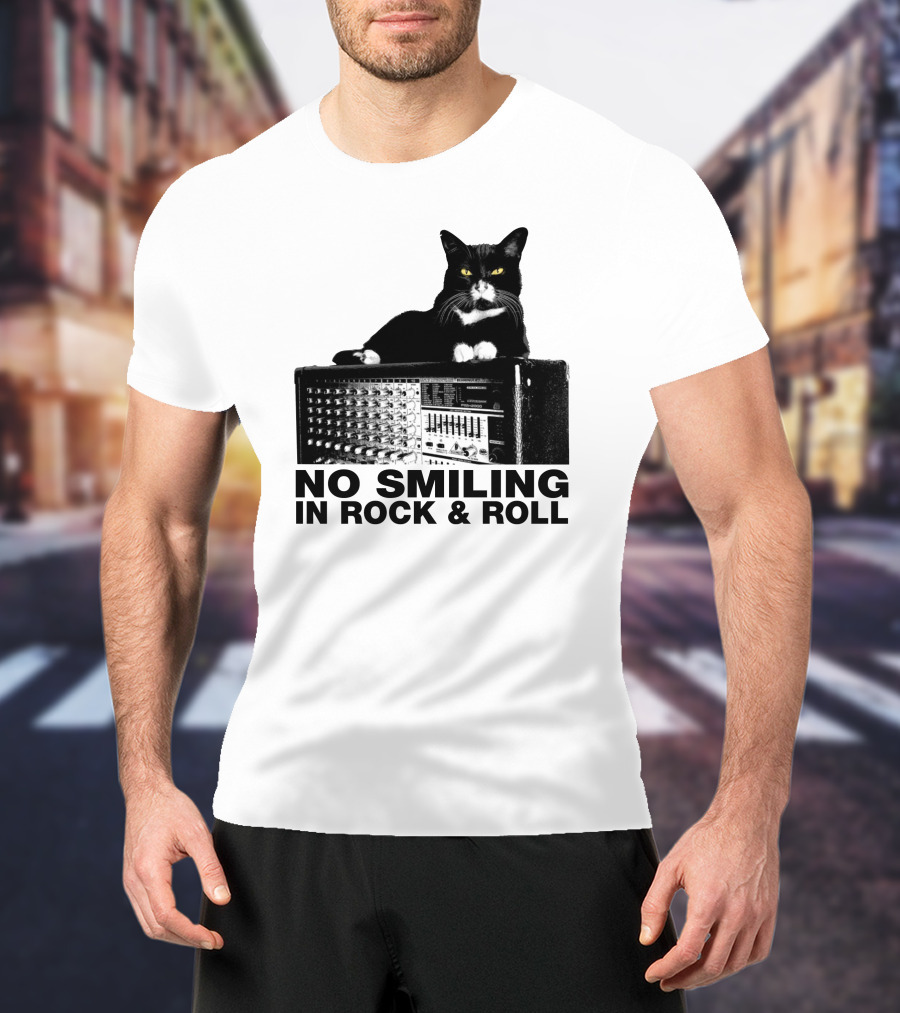 No Smiling In Rock And Roll Cat On Amplifier T-Shirt
