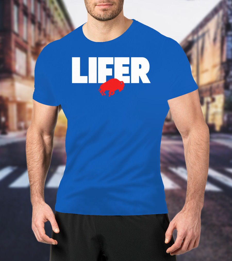 Lifer Buffalo Silhouette Blue Background T-Shirt