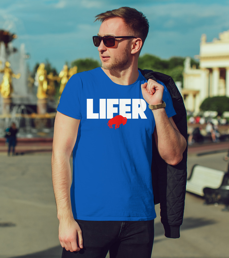 Lifer Buffalo Silhouette Blue Background T-Shirt