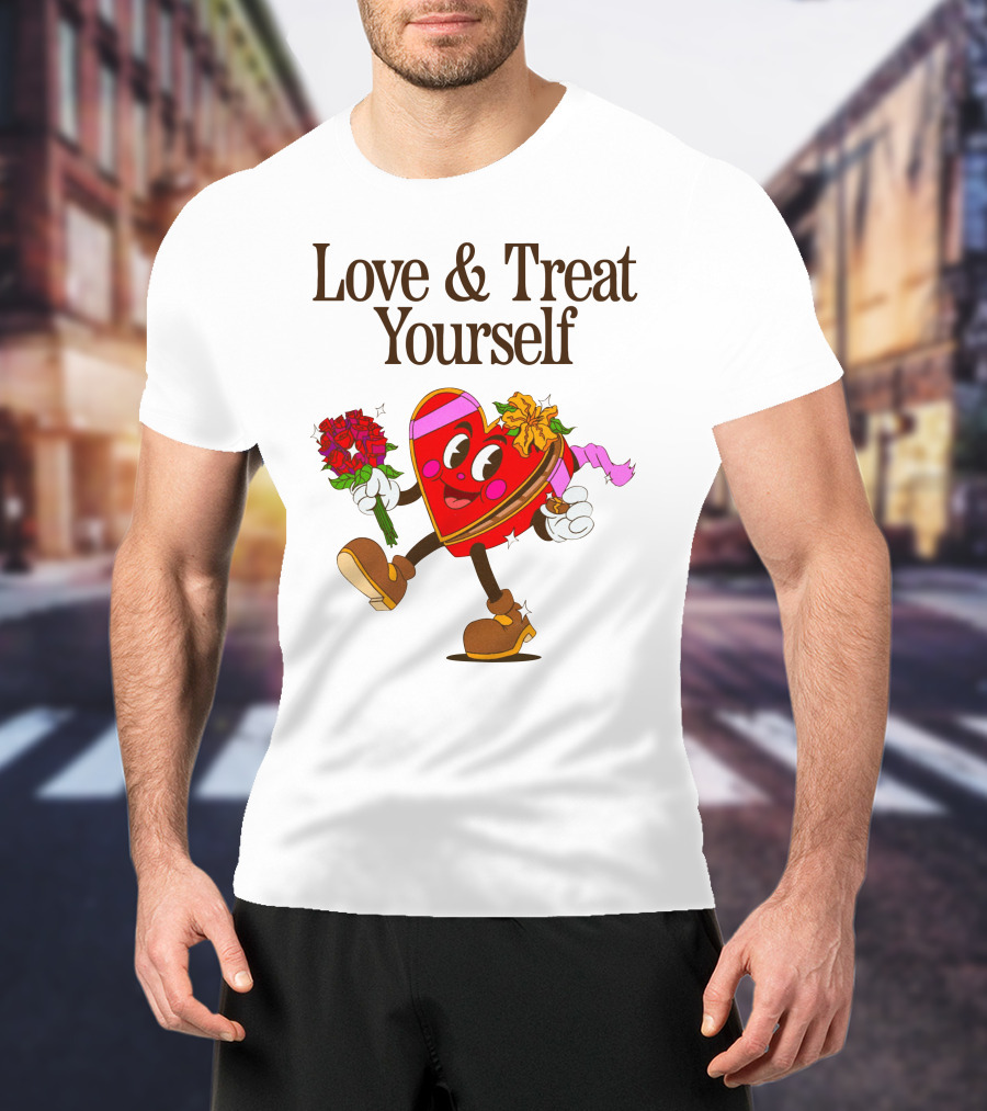 Love And Treat Yourself Heart Character With Flowers And Bow Tie T-Shirt