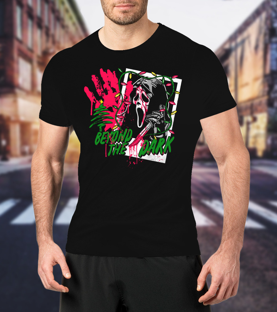 Beyond The Dark Ghost Face Christmas Lights And Bloody Handprint T-Shirt