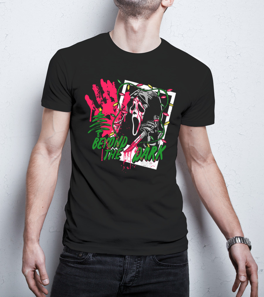 Beyond The Dark Ghost Face Christmas Lights And Bloody Handprint T-Shirt