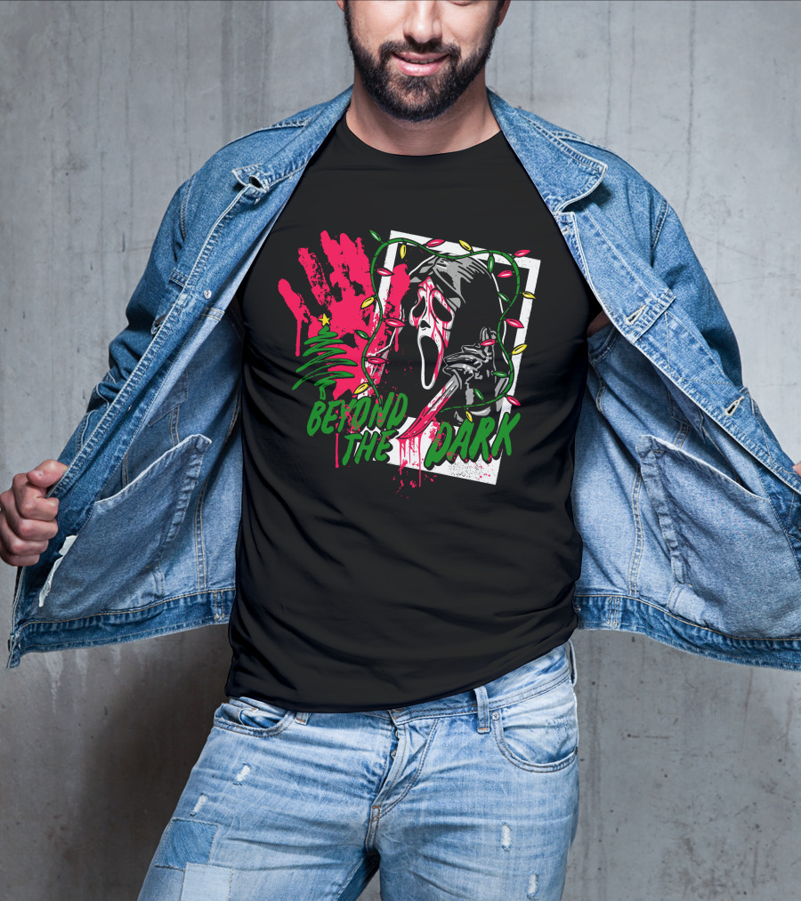 Beyond The Dark Ghost Face Christmas Lights And Bloody Handprint T-Shirt