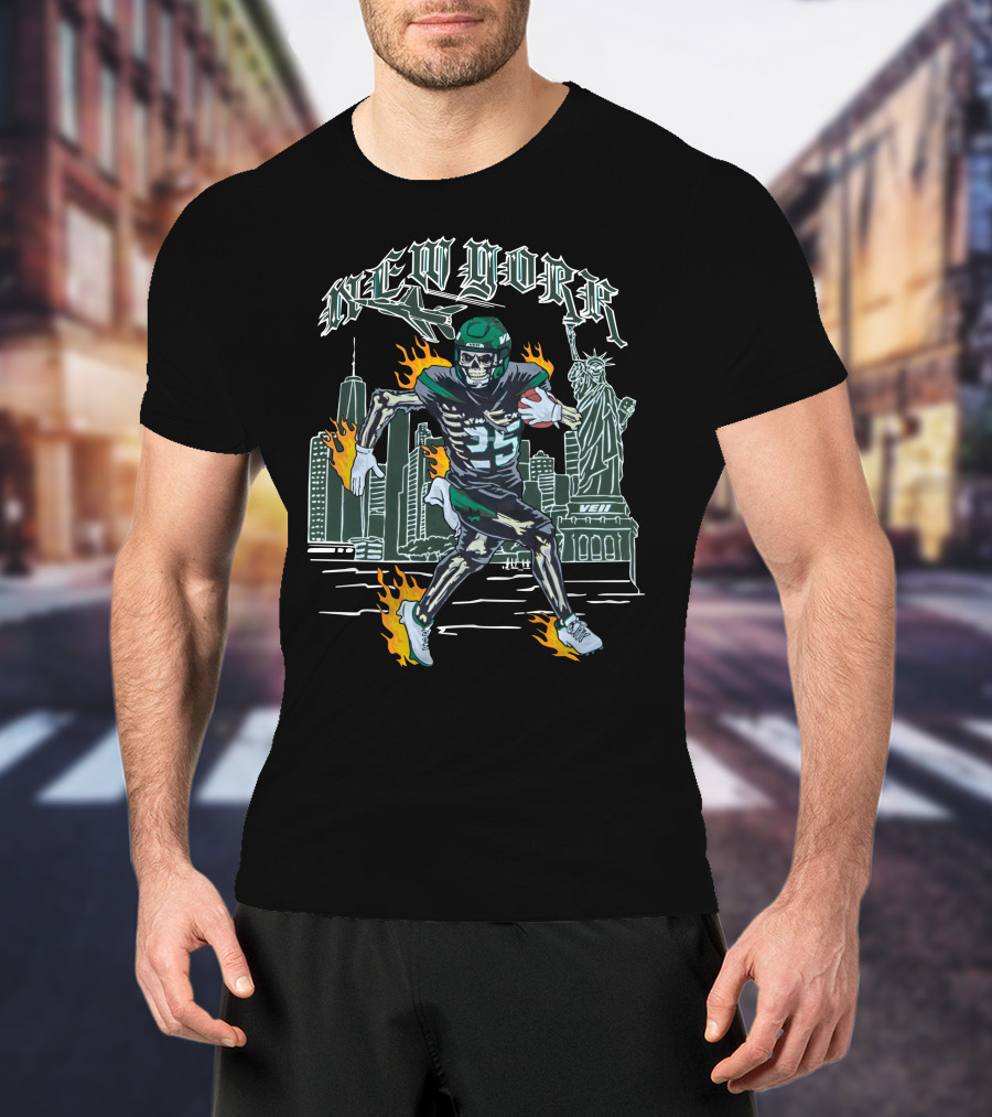 Veiiapparel New York Veii Ty Johnson Jetpack Mike White Statue Of Liberty Football Skyline Flames T-Shirt