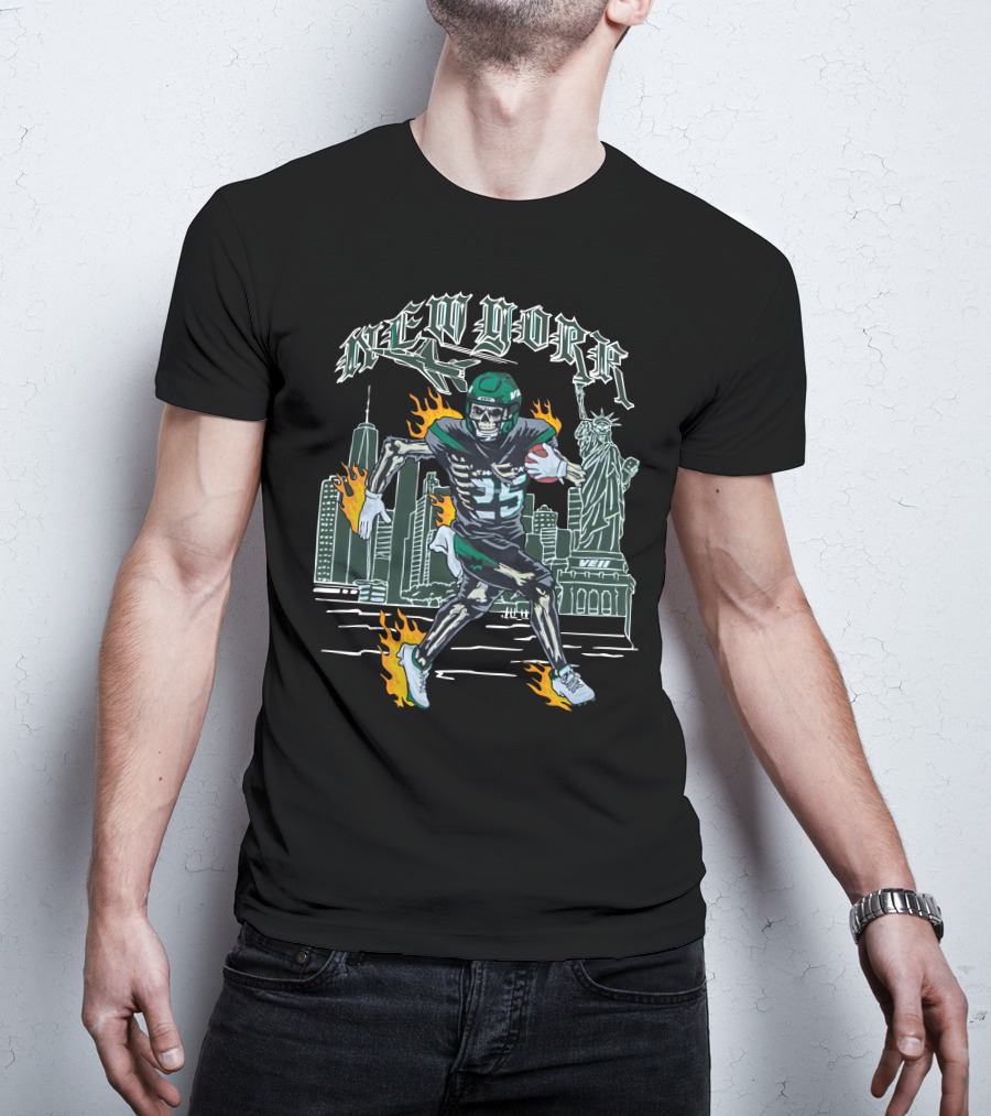 Veiiapparel New York Veii Ty Johnson Jetpack Mike White Statue Of Liberty Football Skyline Flames T-Shirt