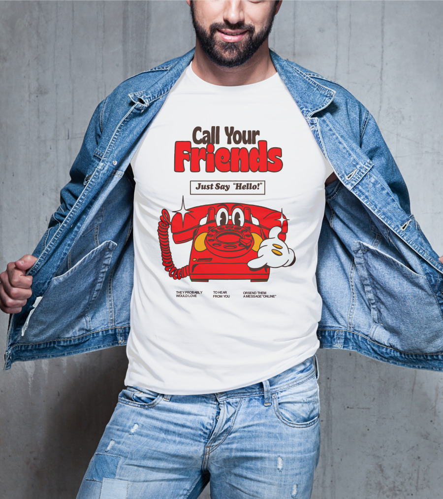 Call Your Friends Just Say Hello Retro Cartoon Telephone Message T-Shirt