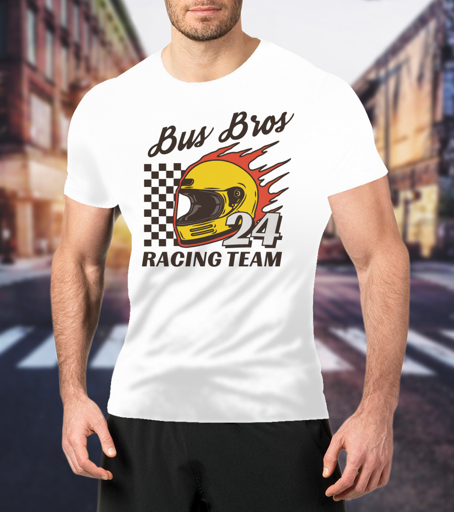 Bus Bros 24 Racing Team Helmet Flames Checkered Flag T-Shirt