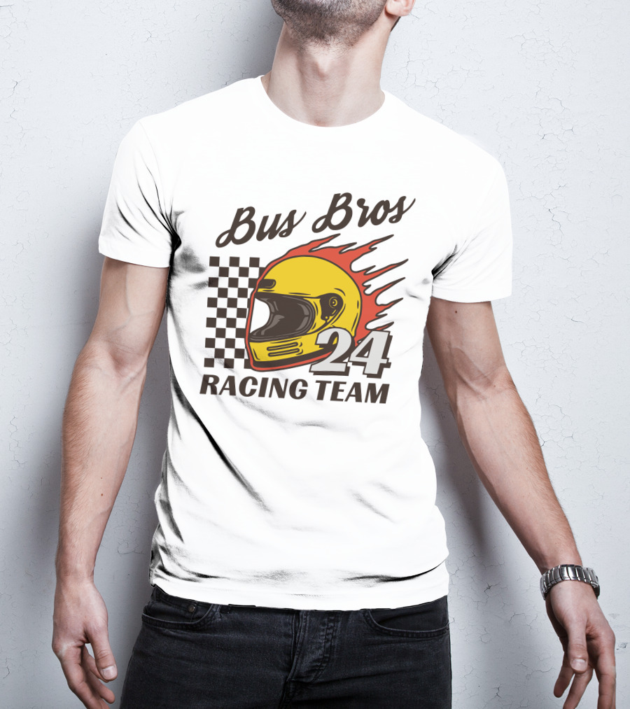 Bus Bros 24 Racing Team Helmet Flames Checkered Flag T-Shirt