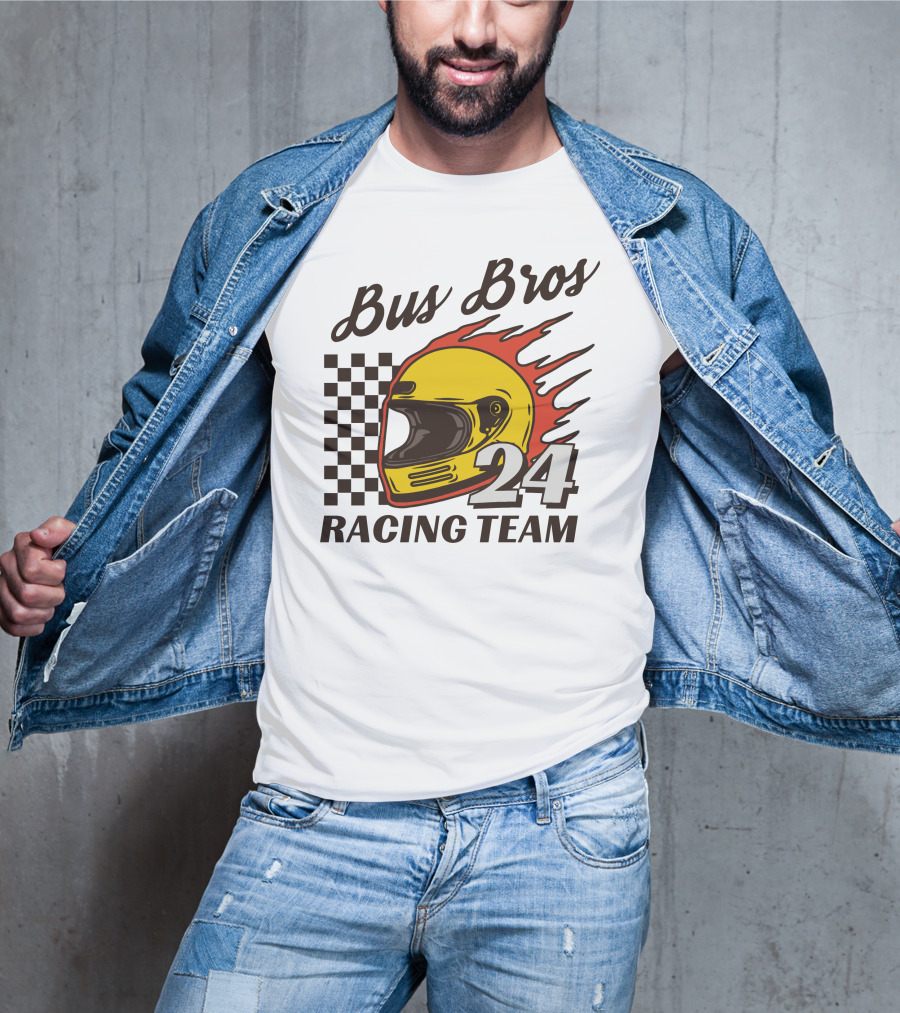 Bus Bros 24 Racing Team Helmet Flames Checkered Flag T-Shirt
