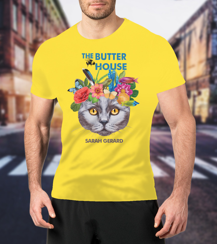 The Butter House Sarah Gerard Floral Cat With Butterflies And Fish On Yellow T-Shirt