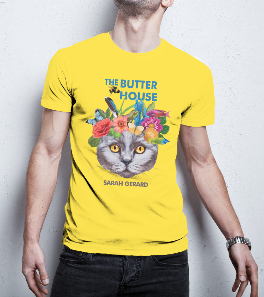 The Butter House Sarah Gerard Floral Cat With Butterflies And Fish On Yellow T-Shirt