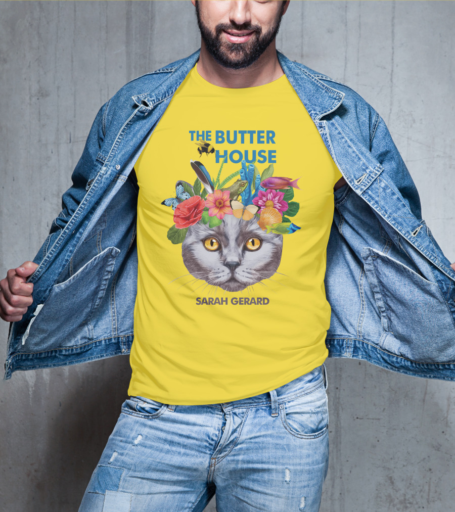 The Butter House Sarah Gerard Floral Cat With Butterflies And Fish On Yellow T-Shirt