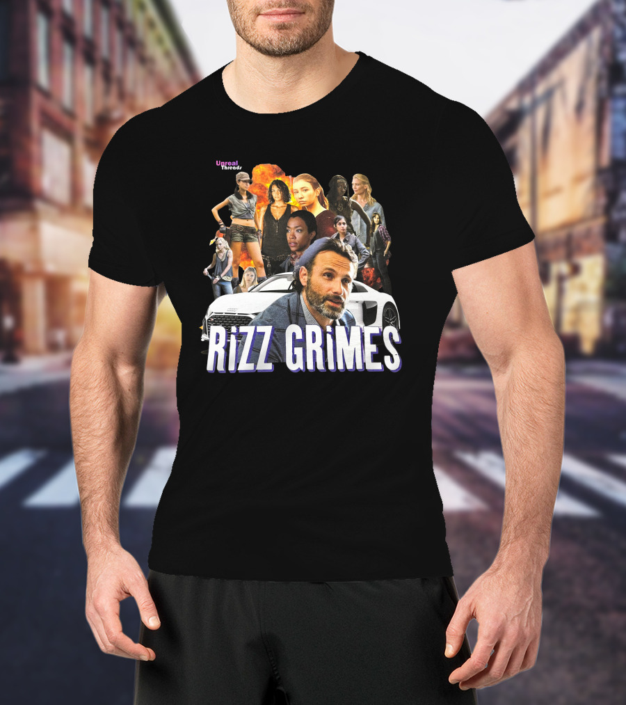 Unreal Threads Rizz Grimes Walking Dead Character Collage With Car And Flames T-Shirt