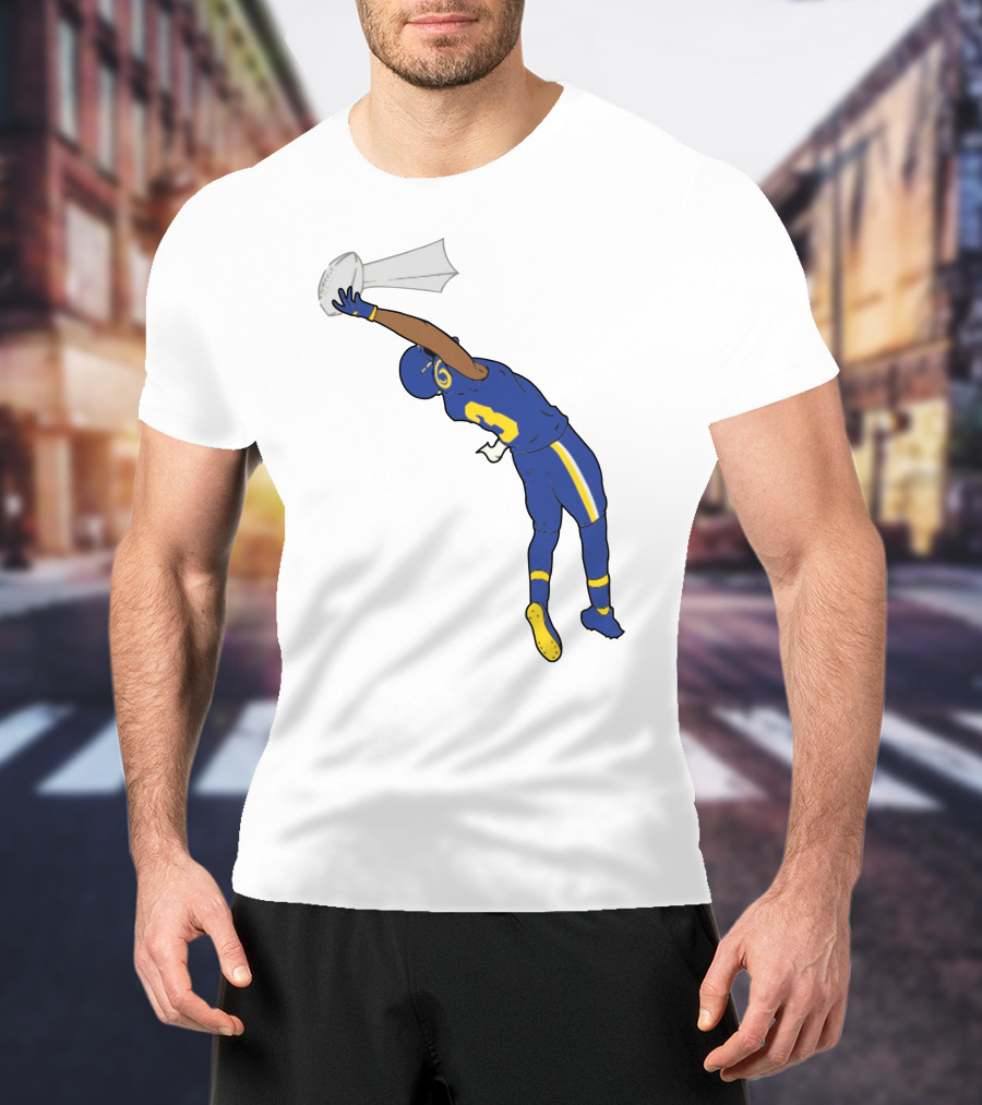 Trophy Catch Obj One-Handed Football Player Blue And Yellow Uniform T-Shirt