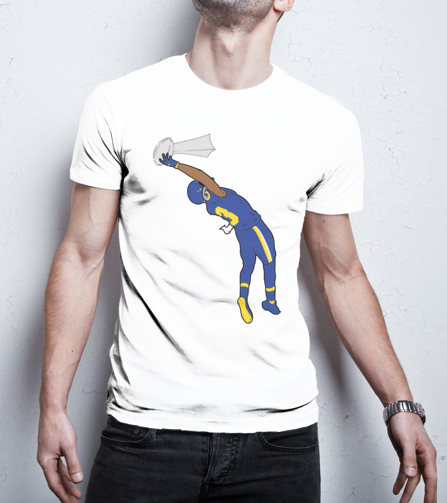 Trophy Catch Obj One-Handed Football Player Blue And Yellow Uniform T-Shirt
