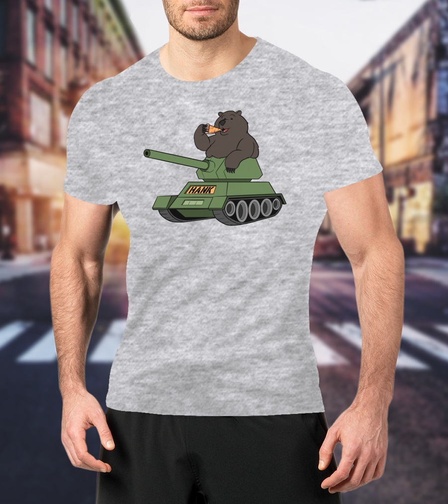 Bear Eating Pizza On A Tank With Hank Text T-Shirt