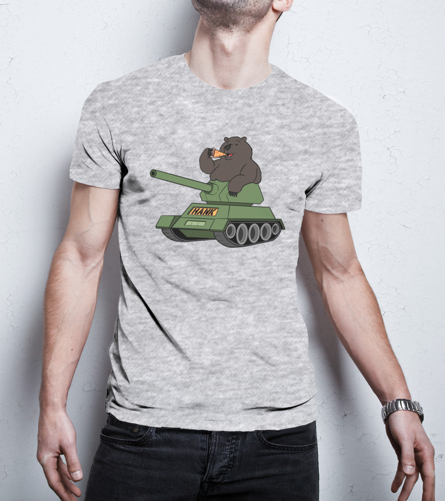Bear Eating Pizza On A Tank With Hank Text T-Shirt