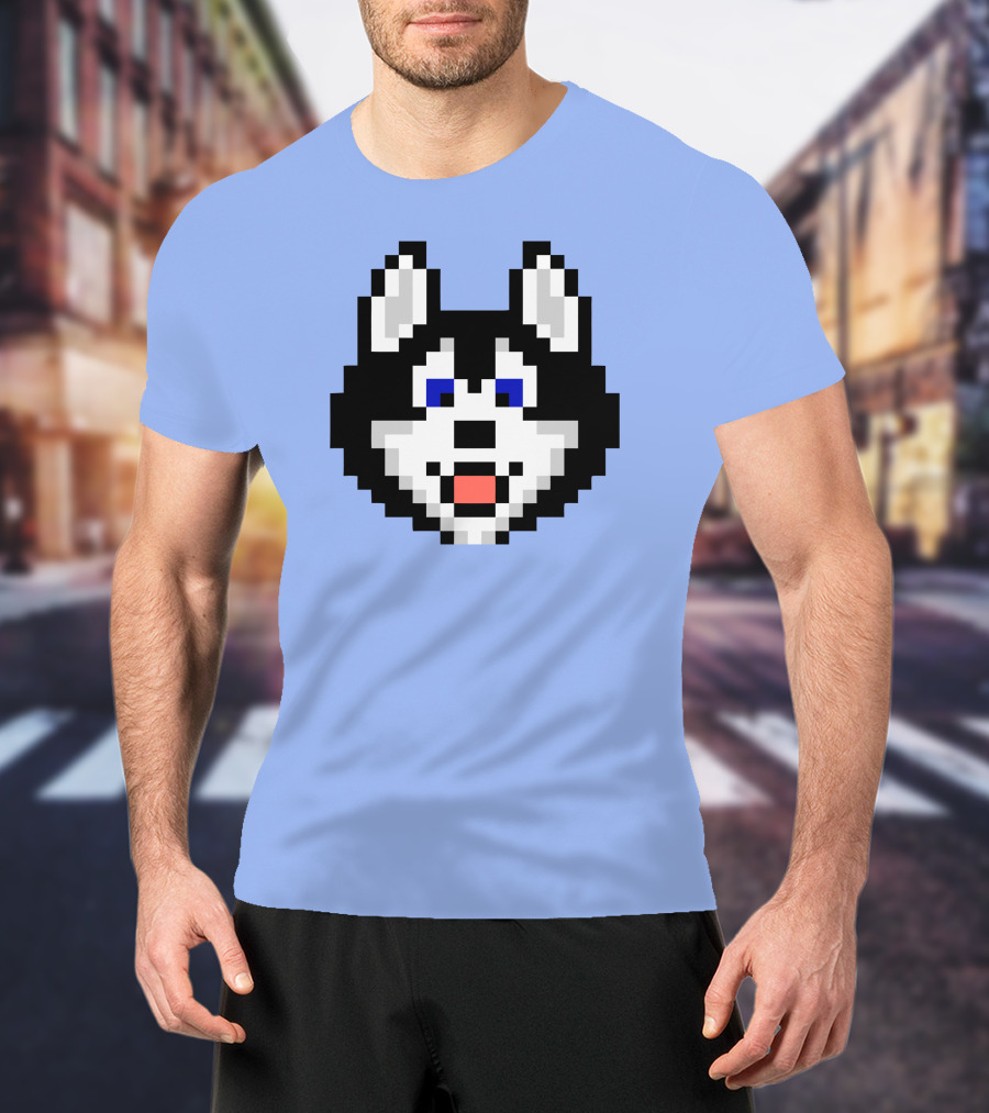 Huskytoken Cat Pixelated Husky Face On Light Blue T-Shirt