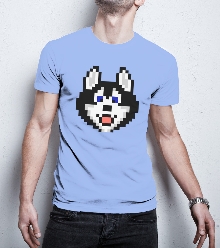 Huskytoken Cat Pixelated Husky Face On Light Blue T-Shirt