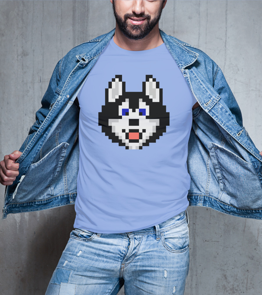 Huskytoken Cat Pixelated Husky Face On Light Blue T-Shirt
