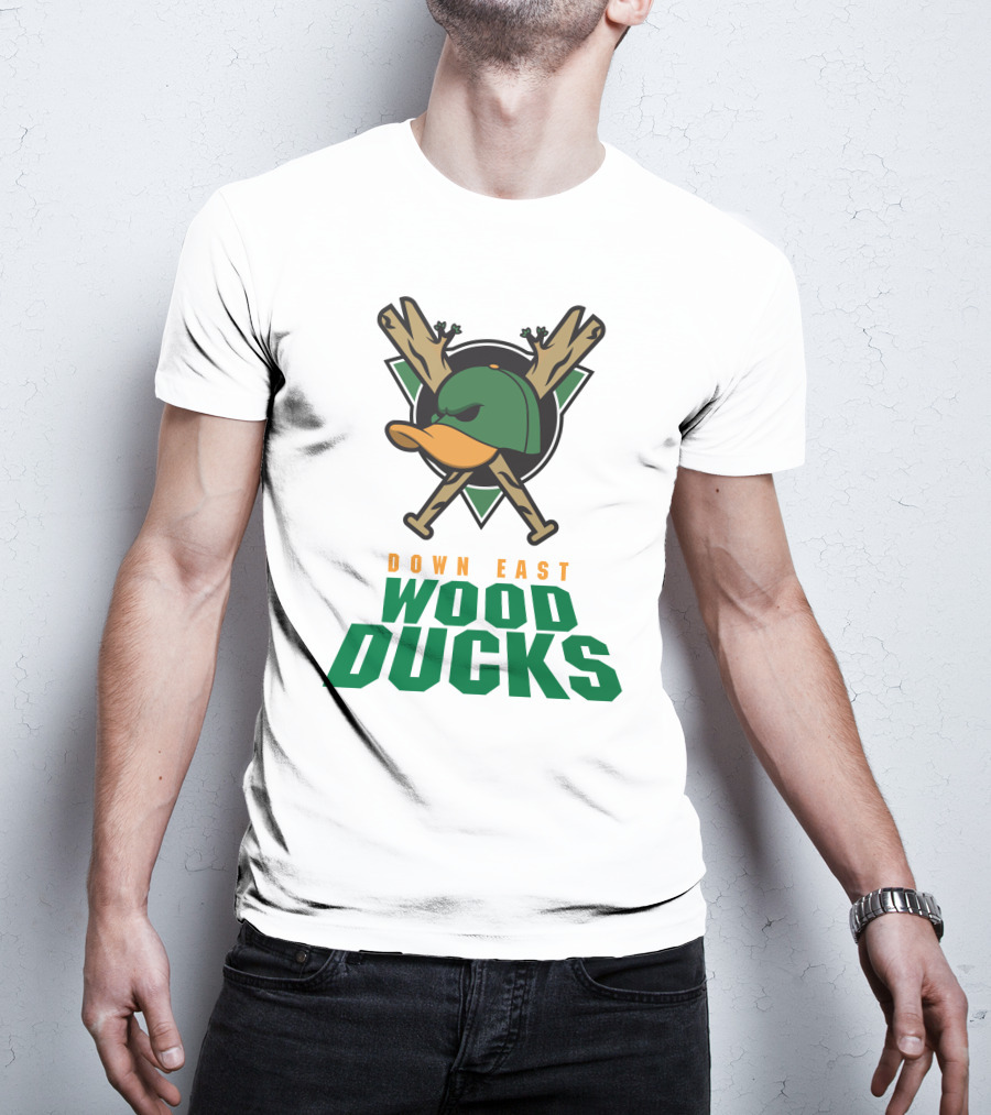 Down East Wood Ducks Baseball Logo With Crossed Bats And Duck Cap T-Shirt