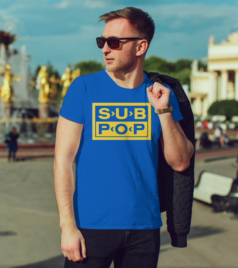Sub Pop Records Megamart Store Logo Blue Background T-Shirt