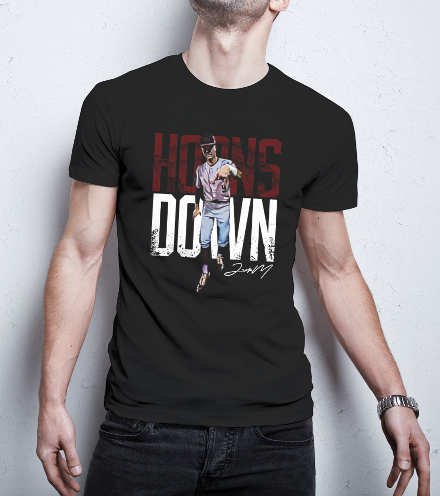 Fanarch Store Horns Down Jack Moss Signature Baseball Pose T-Shirt