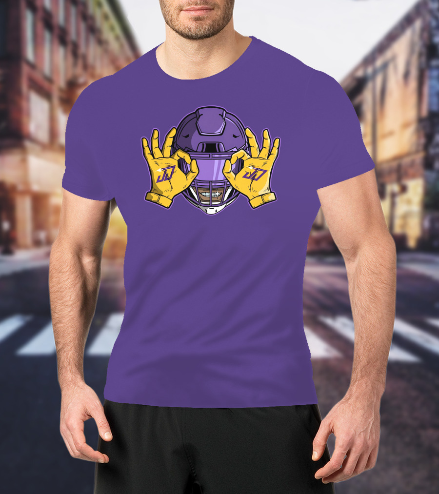 Kevin O’Connell Justin Jefferson Griddy JJ Celebration Viking Helmet Purple Yellow Hands T-Shirt