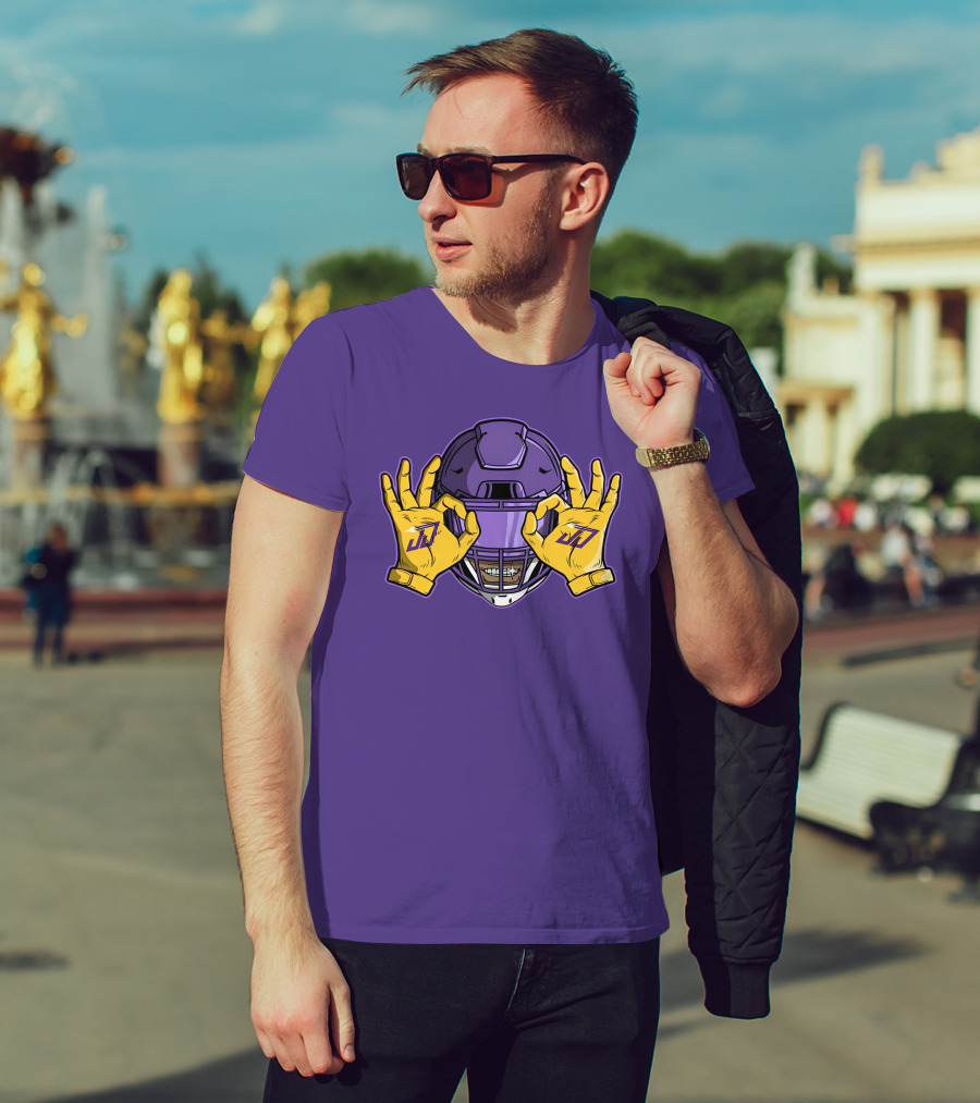 Kevin O’Connell Justin Jefferson Griddy JJ Celebration Viking Helmet Purple Yellow Hands T-Shirt