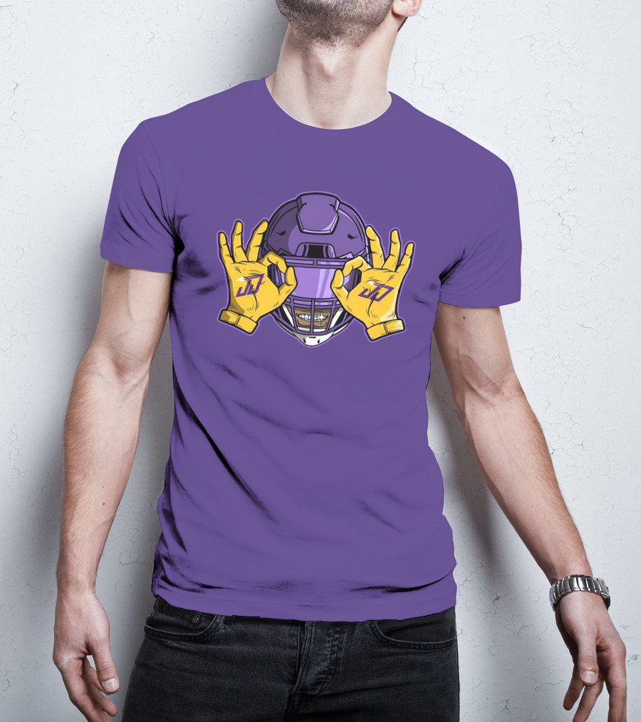 Kevin O’Connell Justin Jefferson Griddy JJ Celebration Viking Helmet Purple Yellow Hands T-Shirt