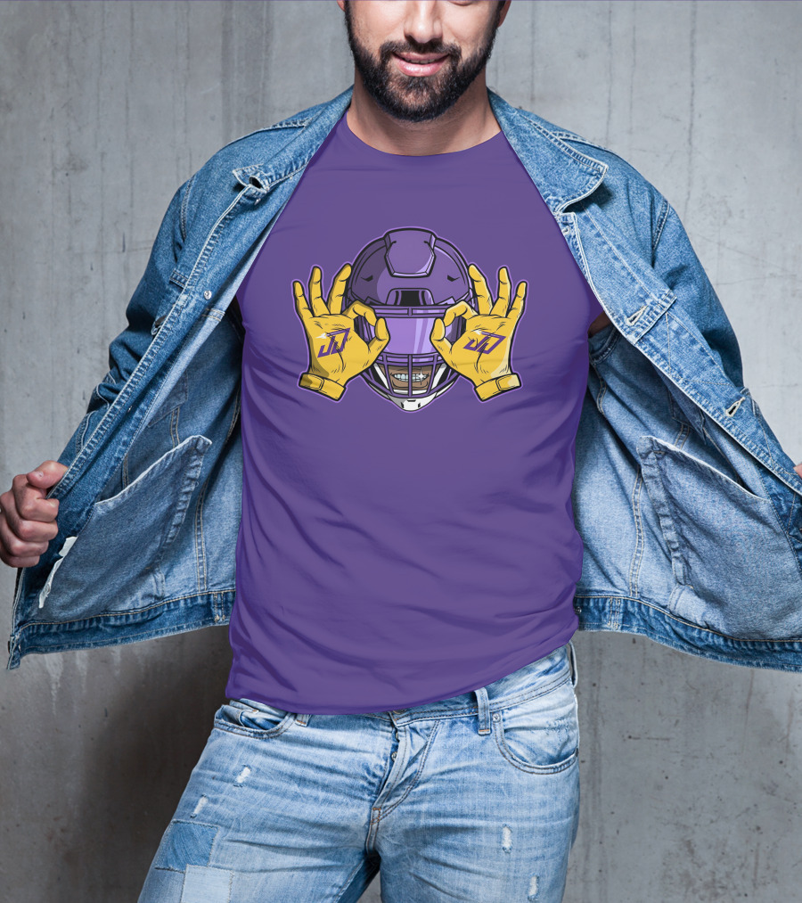 Kevin O’Connell Justin Jefferson Griddy JJ Celebration Viking Helmet Purple Yellow Hands T-Shirt