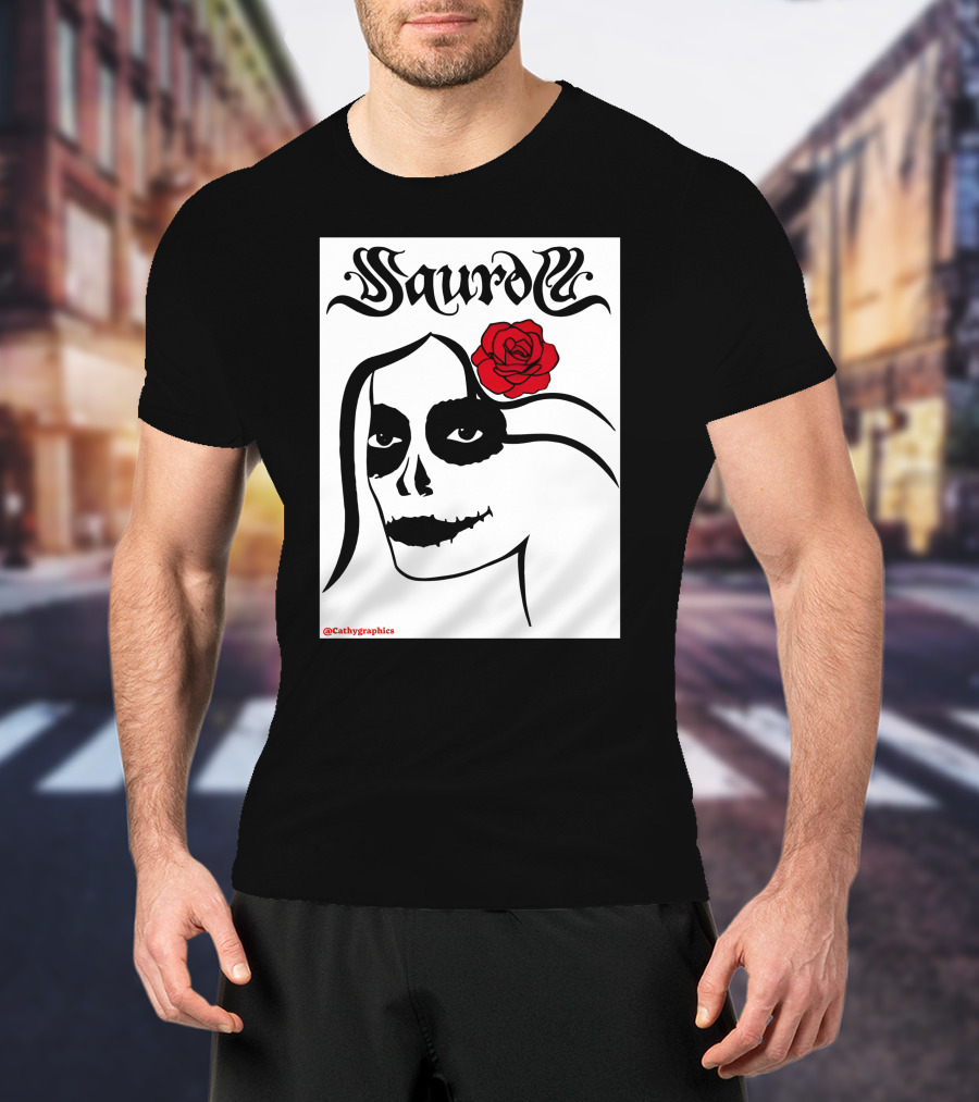 Saurom Cathygraphics Skull Face With Red Rose T-Shirt