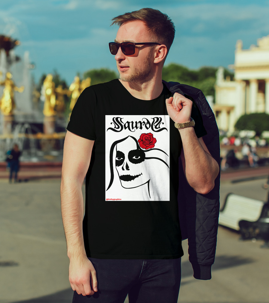 Saurom Cathygraphics Skull Face With Red Rose T-Shirt