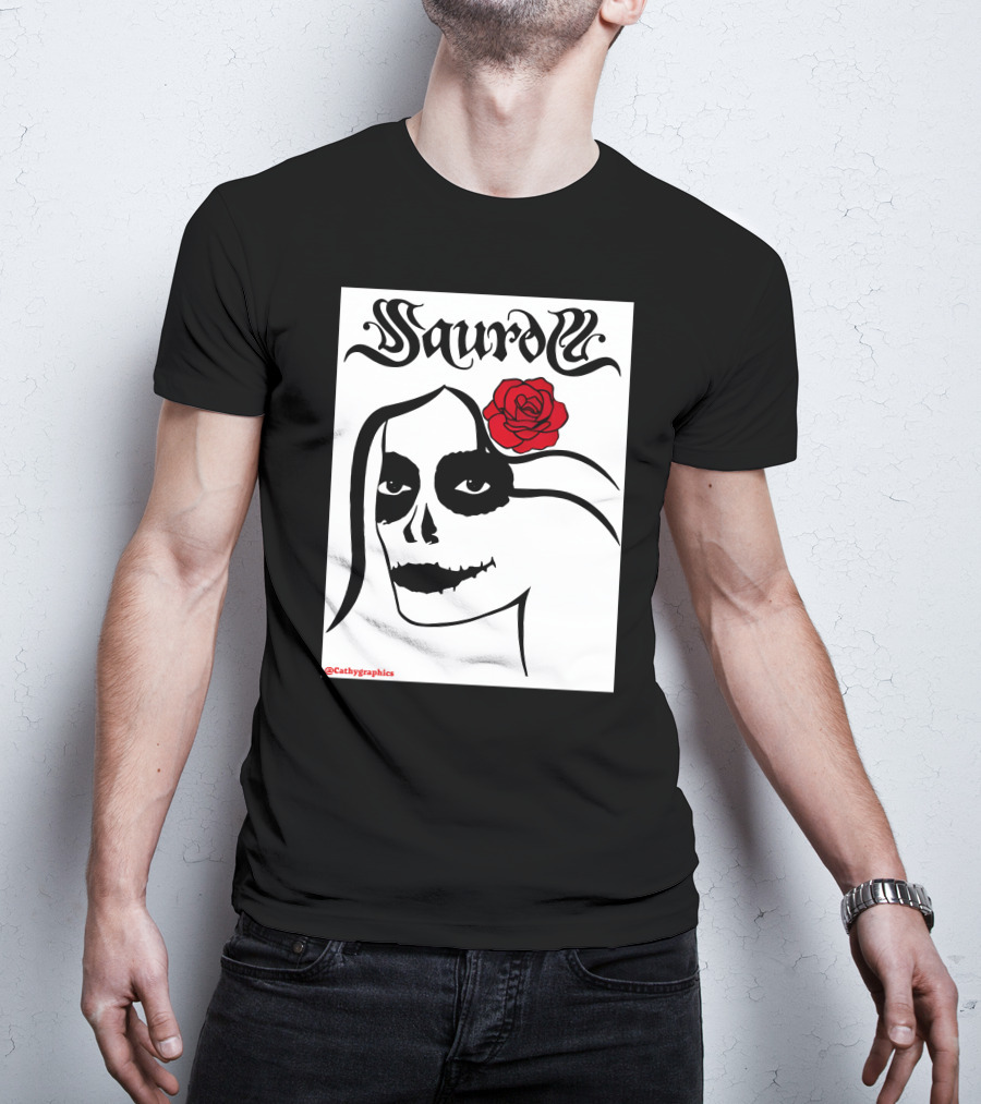 Saurom Cathygraphics Skull Face With Red Rose T-Shirt