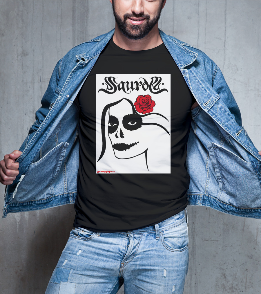 Saurom Cathygraphics Skull Face With Red Rose T-Shirt